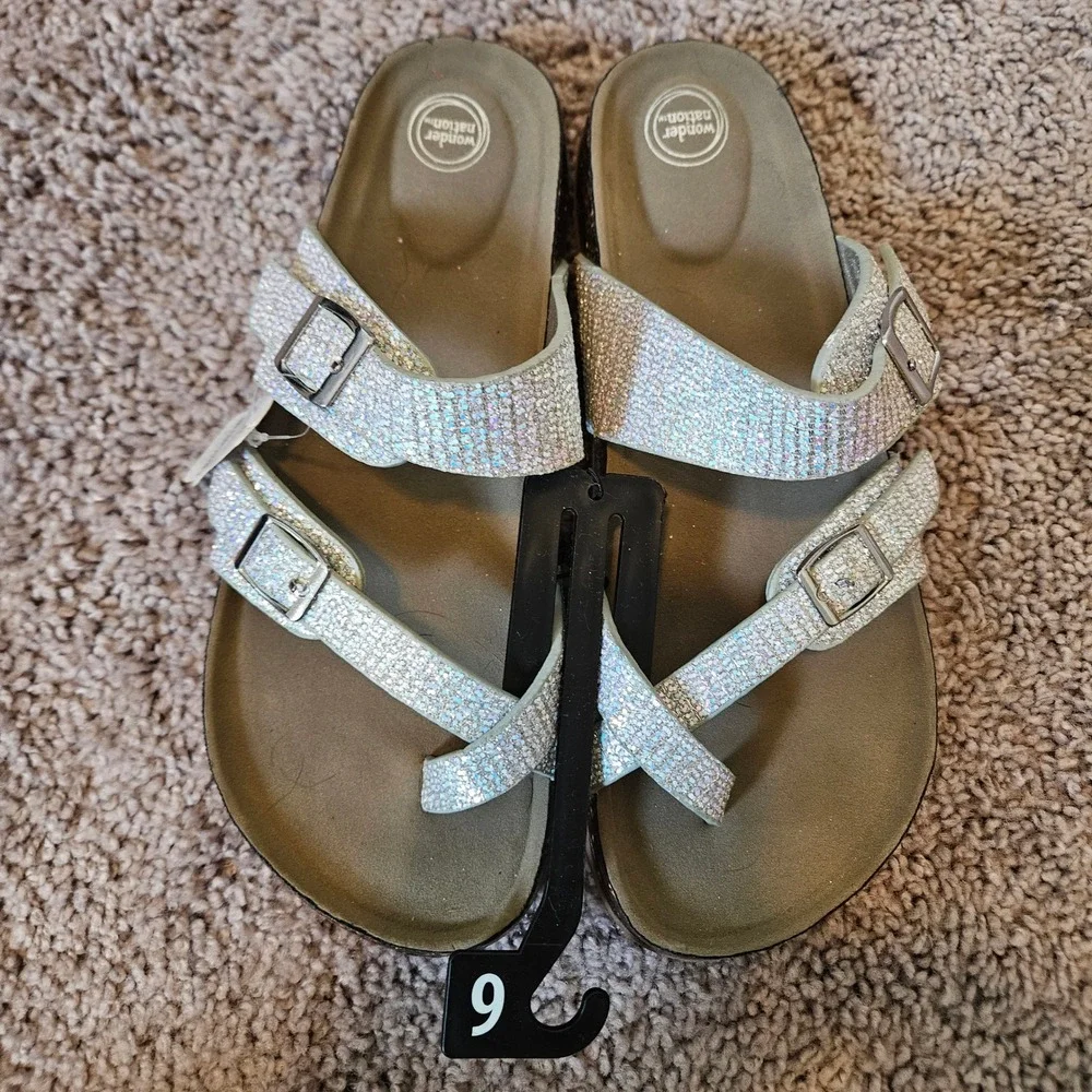 Wonder Nation Sandals Girls‎ Size 6 Silver NEW Glitter Adjustable Sparkly Slides